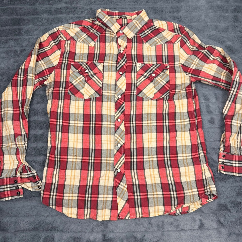 Salt Valley Western Mens Large Red Plaid Pearl Snap Long Sleeve Cotton Shirt L